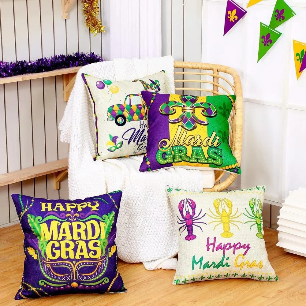 NWOT Mardi Gras Pillow Covers 18x18 Set of 4 Happy Mardi Gras
